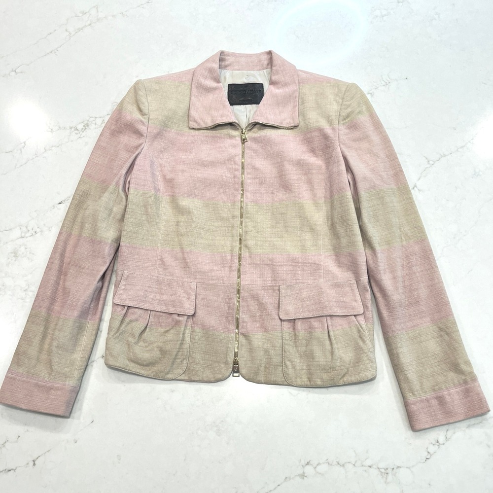 Giorgio Armani Lamb Leather Striped Zip Up‎ Jacket Blazer Womens 46 Pink Khaki